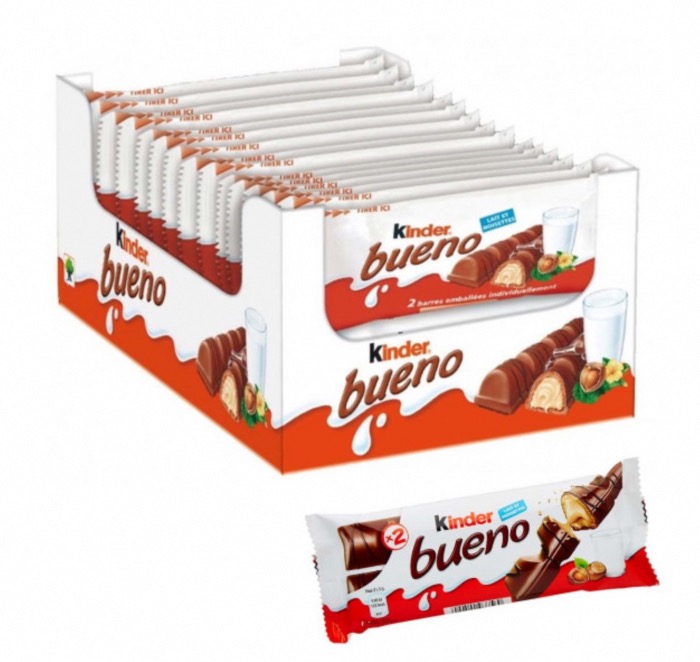 Kinder Bueno - Fine Gaufrette Chocolat au Lait avec un Coeur Lait et Noisettes 30 x 21,5g /Boîte