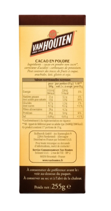 Cacao en Poudre non Sucré Van Houten 255g/Boite