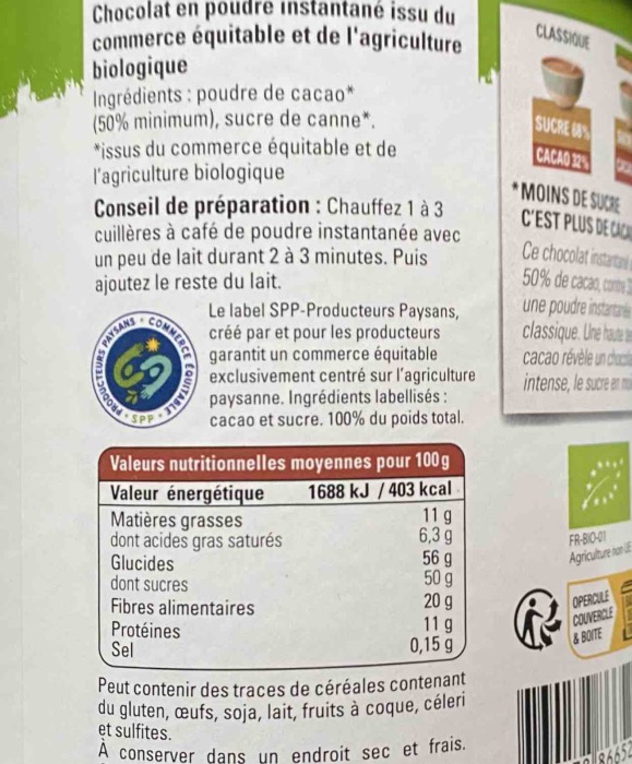 Chocolat en Poudre Instantané Ethiquable Bio 425g/Boite