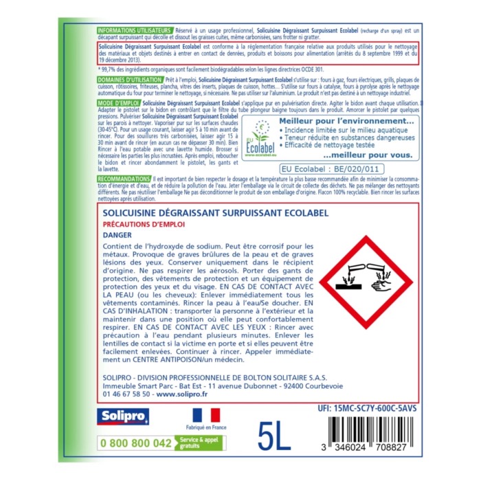 Dégraissant Surpuissant Ecologique Solicuisine 5L/Bidon